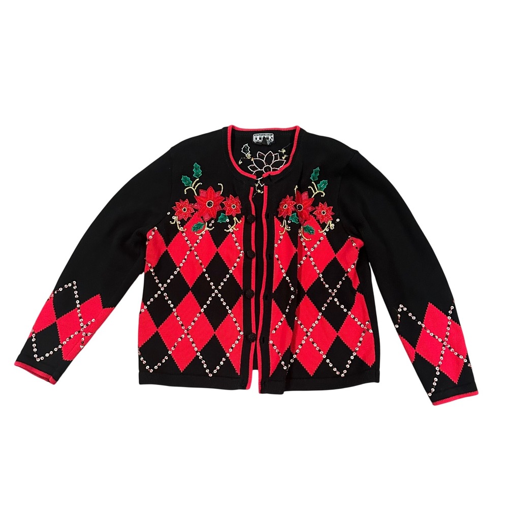 Berek Takako Sakon Vintage Christmas Cardigan Sweater Argyle Poinsettia Sequin L
